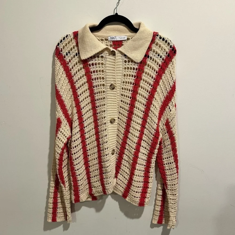 Zara Crochet Cardigan, buttons, beige/ red, striped, NWOT, M - Picture 5 of 6